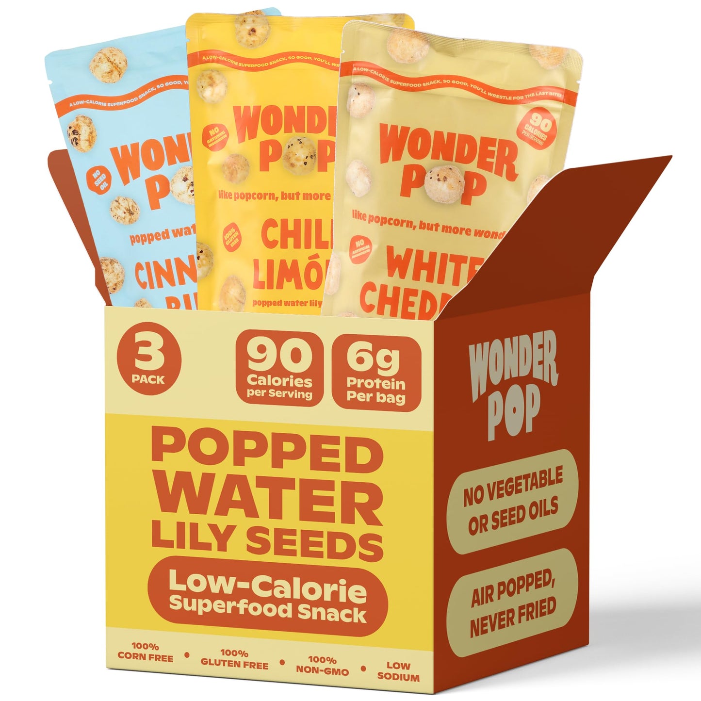 WonderPop Variety Pack - Popped Water Lily Seeds (3-Pack) | Gluten-Free, Non-GMO, 6g Protein, 90 Calorie | Healthy Low-Calorie S