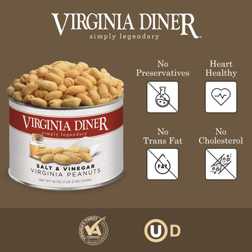 Virginia Diner - Salt And Vinegar Seasoned Extra Large Virgnia Peanuts 18Oz In Resealable Can For Snacking Or Gifting