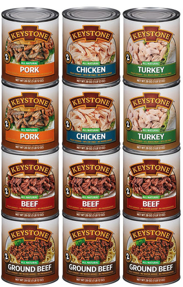 Keystone Variety Pack Canned Meat 28oz Case All Natural 3 Canned Beef | 2 Chicken | 2 Turkey | 2 Pork | 3 Ground Beef Fully Cook