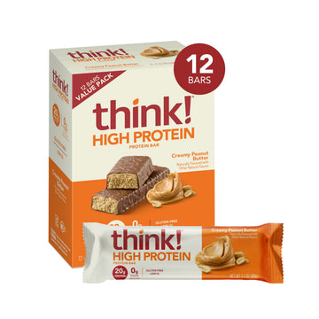 think! Protein Bars, High Protein Snacks, Gluten Free, Kosher Friendly, Creamy Peanut Butter, Nutrition Bars, 2.1 Oz per Bar, 12