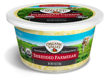 Organic Valley Parmesan Cheese in Tub, Shredded from the Block, Cows Milk, Zero Trans Fat, Non GMO, 4 Ounces (Pack of 12)
