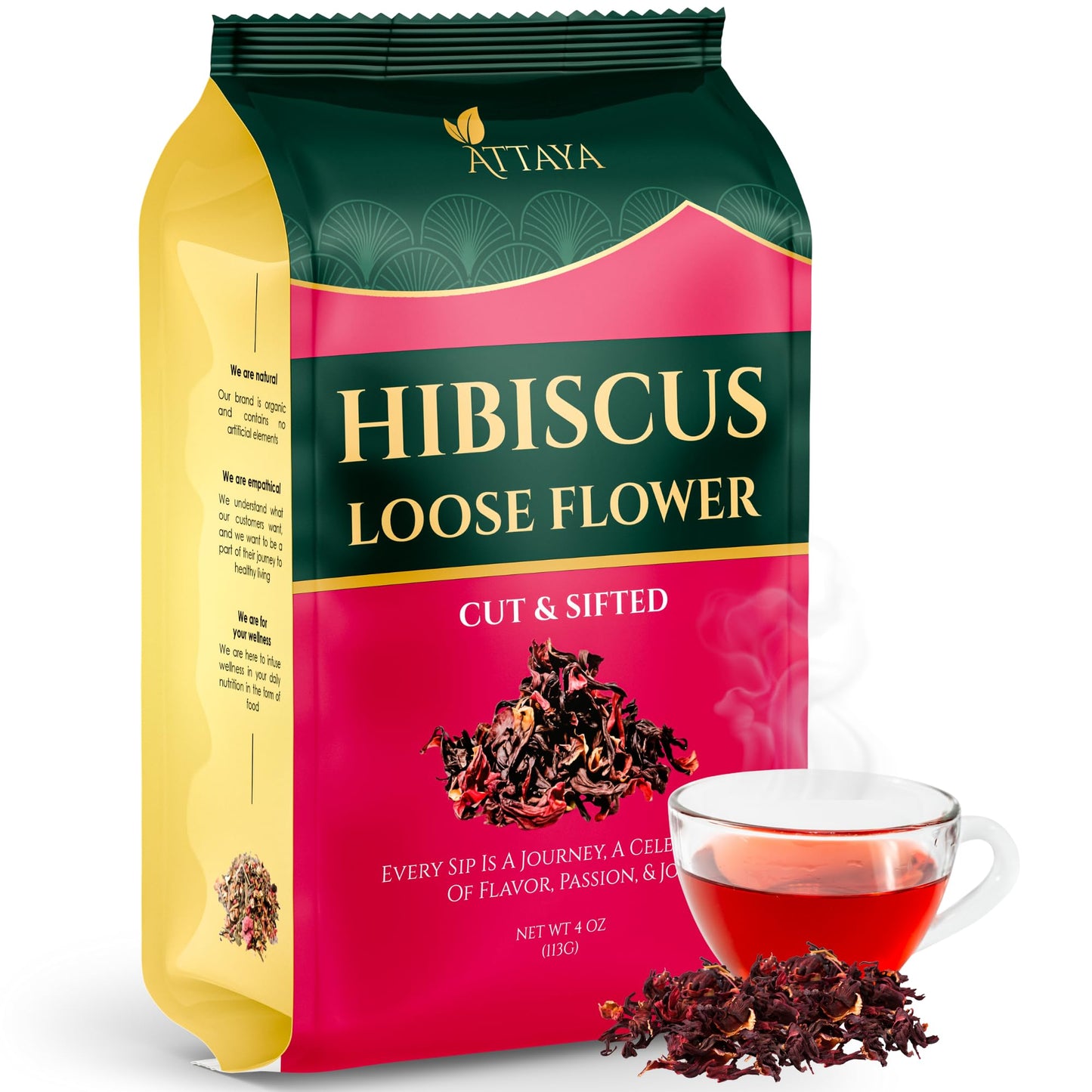 Attaya Natural Hibiscus Loose Flowers Cut & Sifted 4Oz | 100% Pure Dried Energy Blend-Free | Antioxidant-Rich For Wellness & Relaxation.