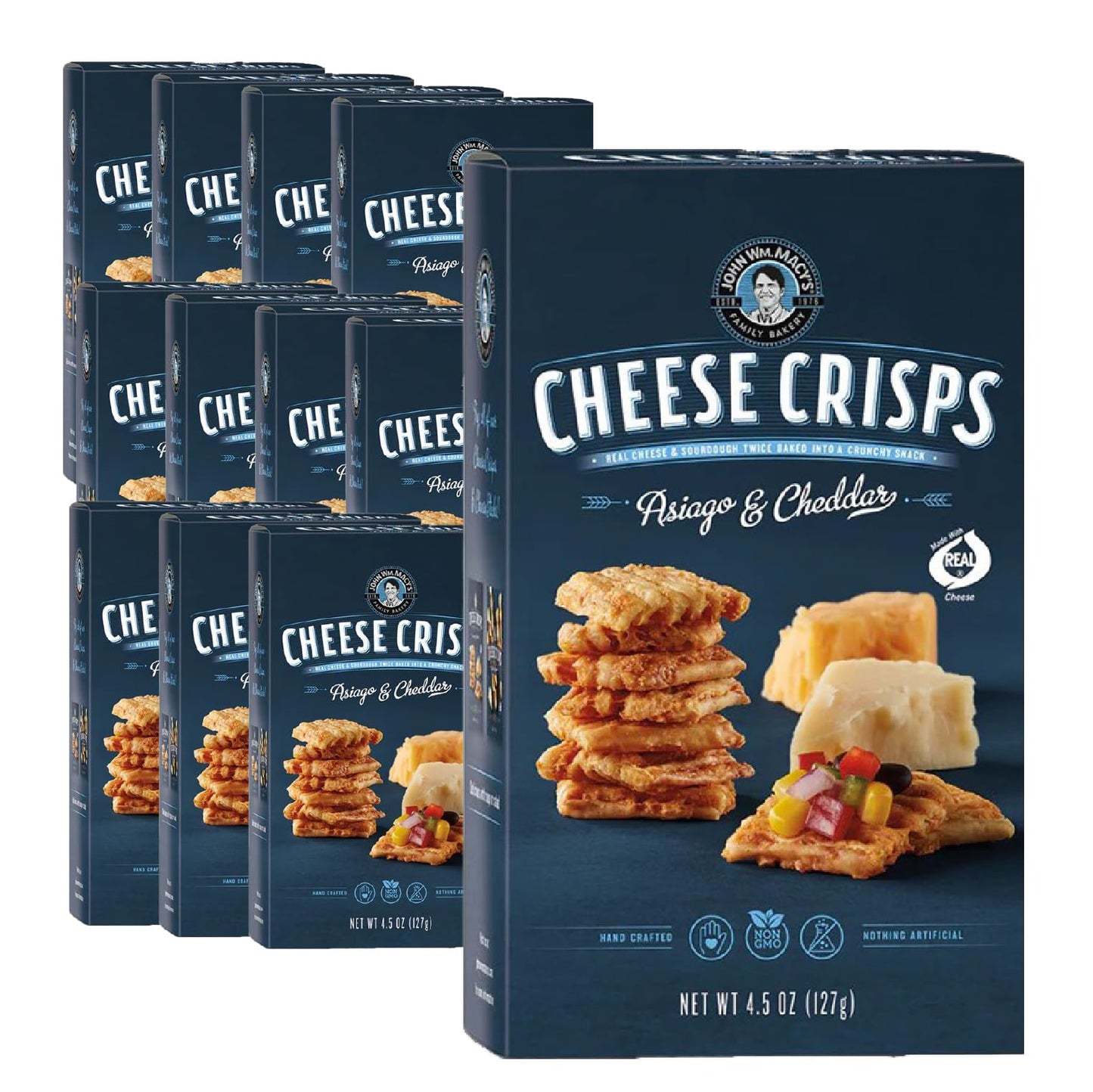 John Wm. Macy - Asiago & Cheddar CheeseCrisps - Hand Crafted, Non GMO, and Nothing Artificial - Made with Real Cheese - 4.5 oz. Carton - 12 Pack