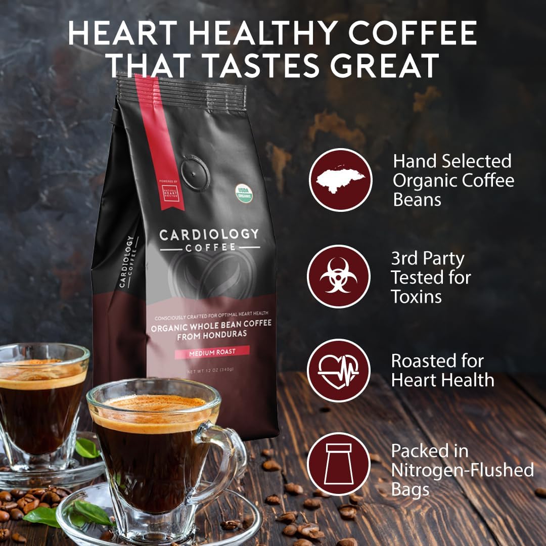 Cardiology Coffee Whole Bean Coffee, USDA Organic, Mold Free, Medium Roast, 12oz