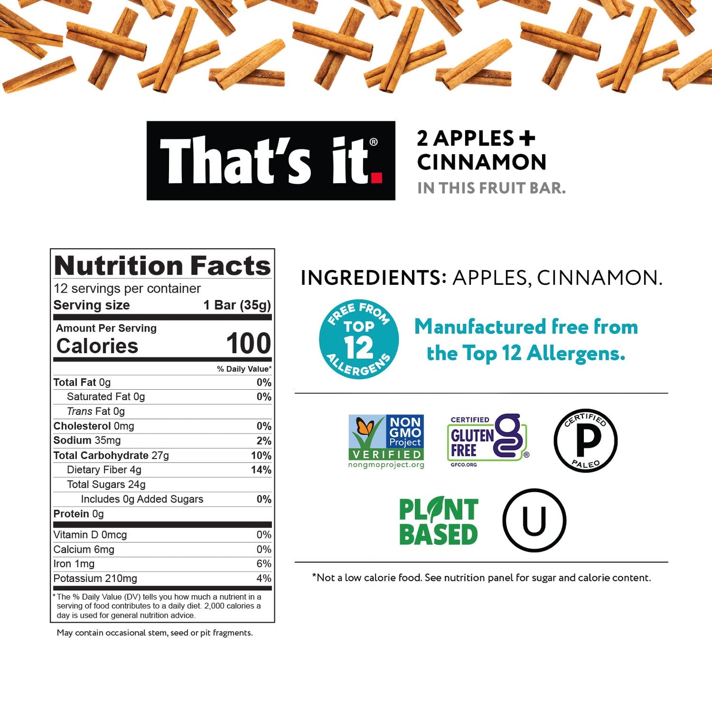 That'S It. Apple + Cinnamon 100% Natural Real Fruit Bar, Best High Fiber Vegan, Gluten Free Healthy Snack, Paleo For Children &