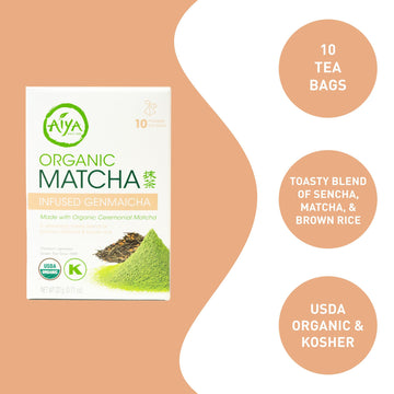 Aiya Organic Matcha Infused Genmaicha | Organic Ceremonial Matcha Green Tea, Organic Genmaicha | 10 Count