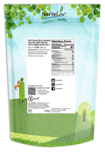 Food to Live Dry Roasted Cashew Pieces, Lightly Salted, Vegan Snack, 2 Pounds