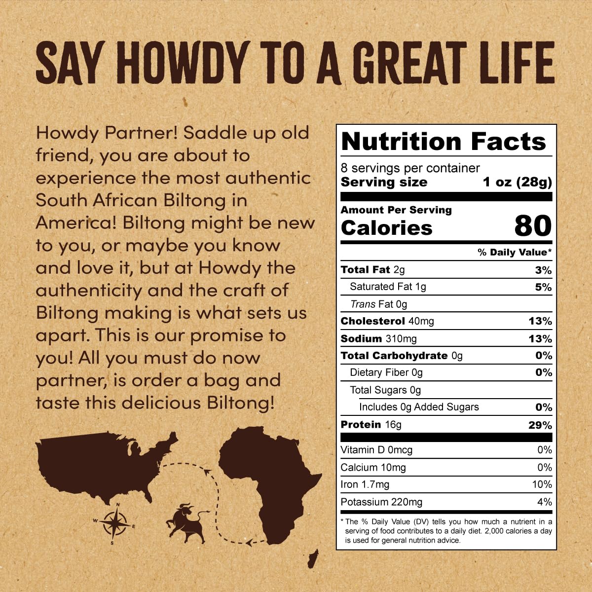 Howdysnax Handcrafted Authentic Small Batch Beef Biltong Traditional Slices 8oz. Sugar Free Paleo Keto Friendly High Protein Jer