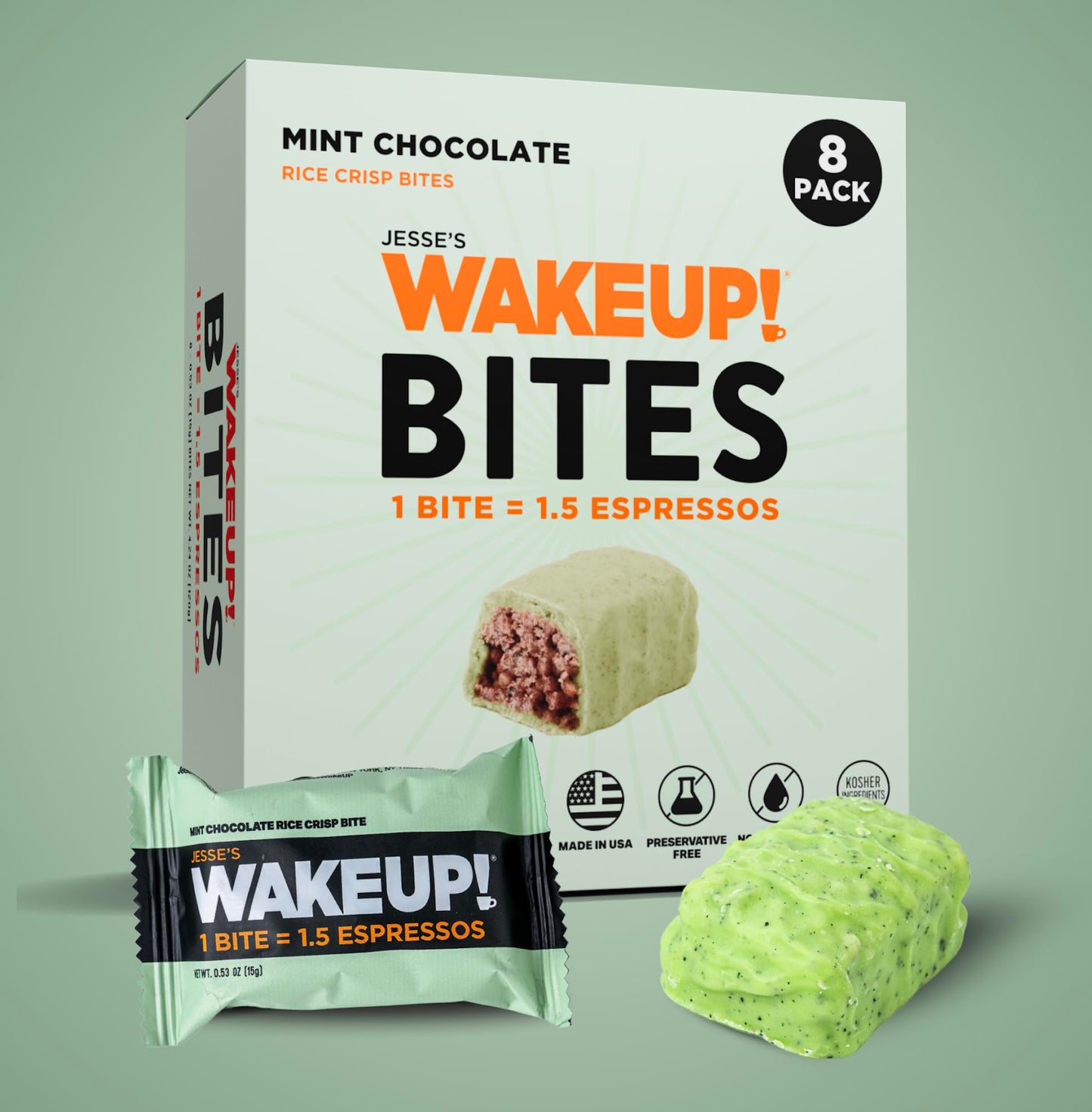 Wake Up! Mint Chocolate Caffeinated Protein Bites (1 Bite = 1.5 Espressos) – 175Mg Clean Caffeine For Energy, Focus & Happy Mornings – Gluten-Free, Kosher Ingredients, Vegetarian – Proprietary Blend For Smooth, Jitter-Free Energy – 8 Pack