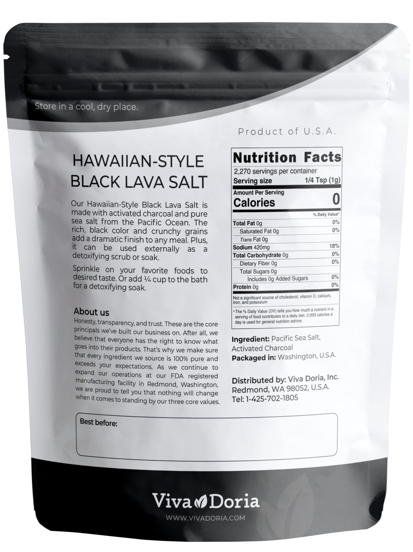 Viva Doria Hawaiian Black Lava Sea Salt Lava Salt Medium grain 5 lb