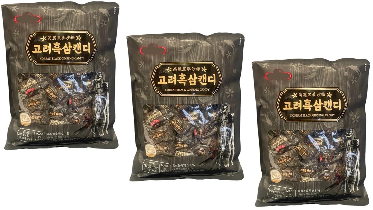 Korean Ginseng Candy, Sugar Free (3 PACKS, BLACK GINSENG CANDY)