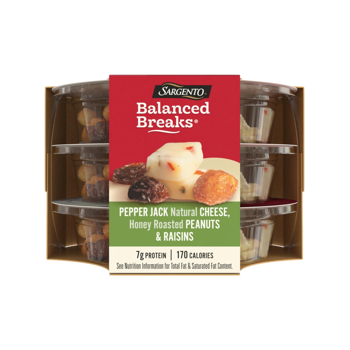 Sargento Balanced Breaks Natural Pepper Jack Cheese, Honey Roasted Peanuts and Raisins Snack Kit, 3-Pack