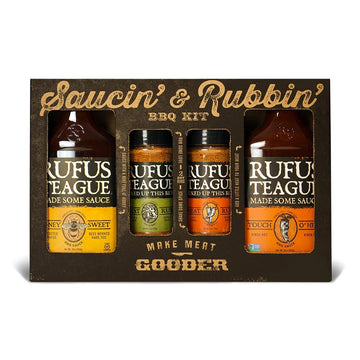 Rufus Teague Bbq Sauce & Rub 4-Piece Gift Set, Saucin' & Rubbin' Kit, Honey Sweet, Touch O' Heat, Spicy & Original Meat Rub, Gift For Grill Lovers