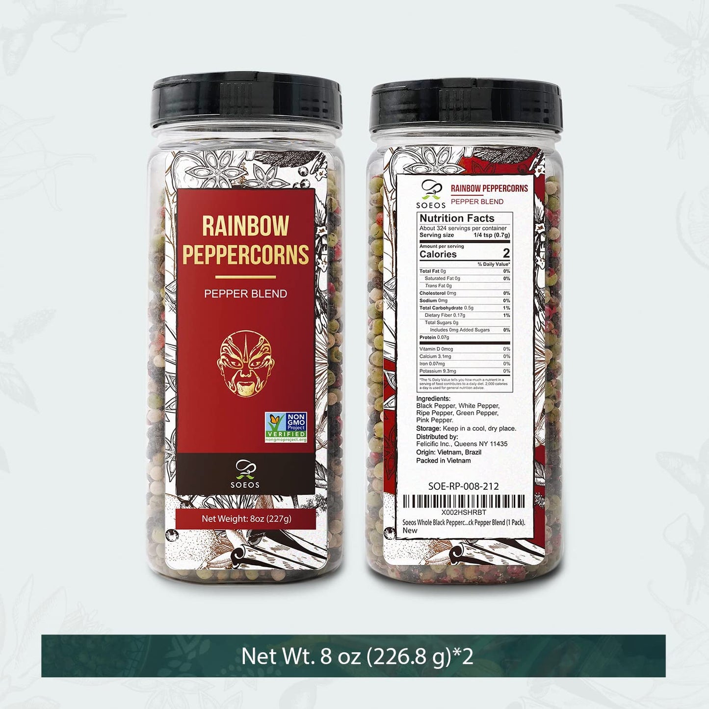 Soeos Rainbow Peppercorns, 16Oz (Pack Of 2), Non-Gmo, Kosher, Packed To Keep Peppers Fresh, Peppercorn For Grinder Refill, Whole Peppercorns