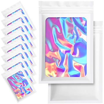 Aictimo 100 Pack Holographic Packaging Resealable Bags For Small Business -5.5 X 7.8 Inch Pouch Bags For Lipgloss Jewelry Cookie