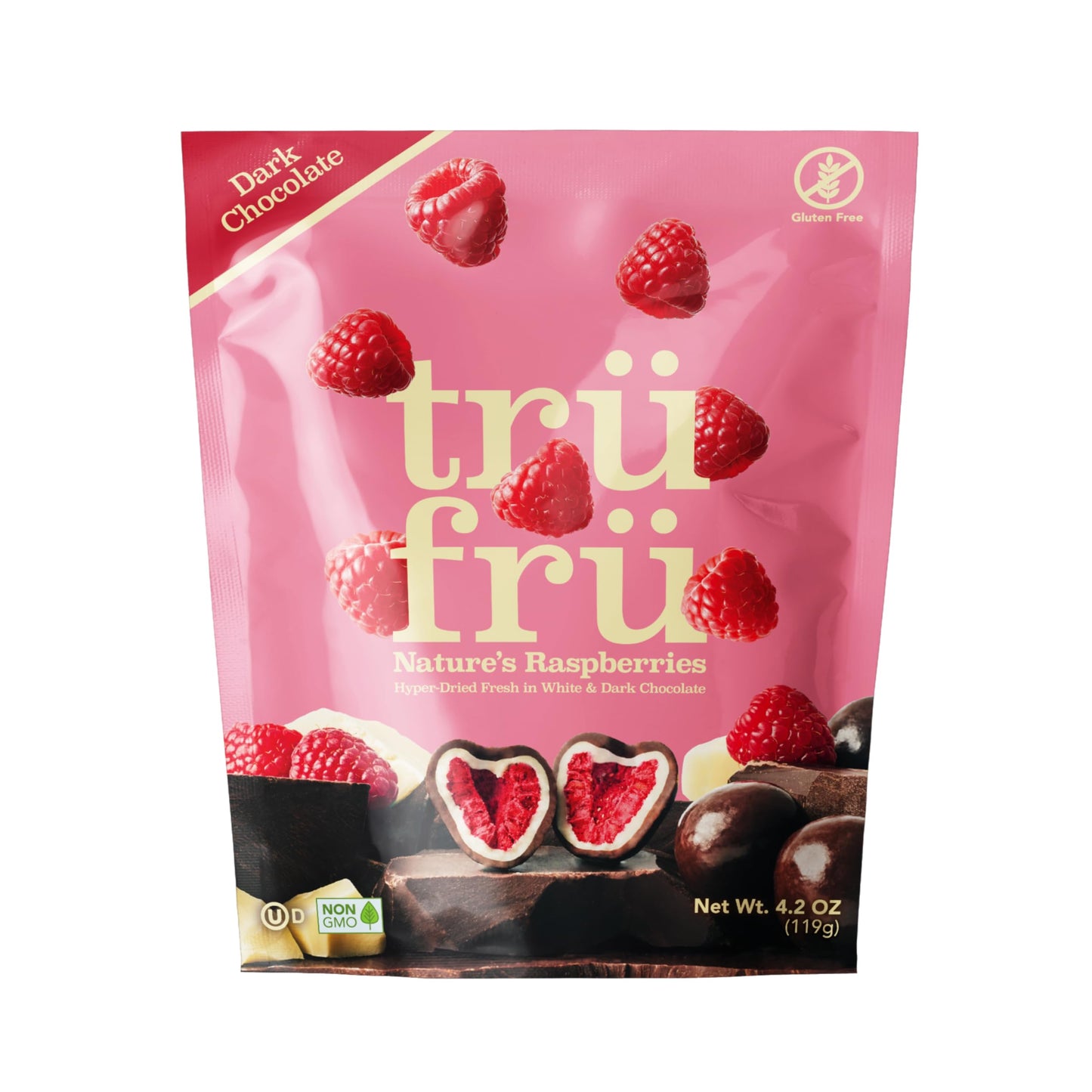 Tru Fru NatureS Raspberries Hyper-Dried Fresh In Dark Chocolate 4.2 Ounce Bag