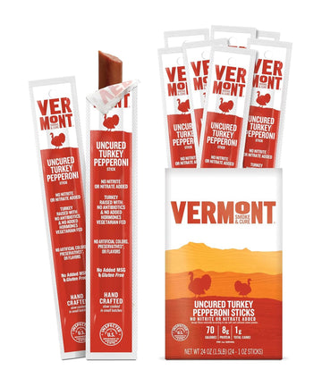 Snack Sticks By Vermont Smoke & Cure - Uncured Pepperoni - Turkey - Healthy Meat Protein - 1Oz Jerky Sticks - 24 Count Carton