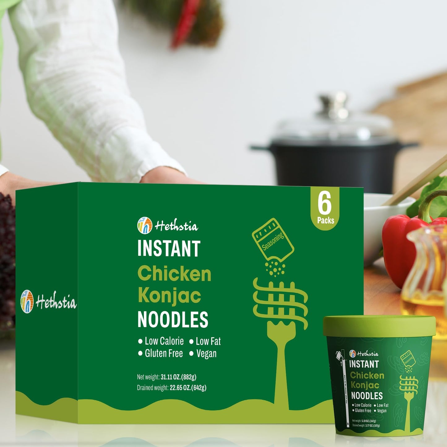 Hethstia Konjac Noodle Chicken Soup, 6-Pack Instant Shirataki Noodle Soup Cups - Low-Calorie, Sugar-Free, Low-Carb, Gluten-Free,