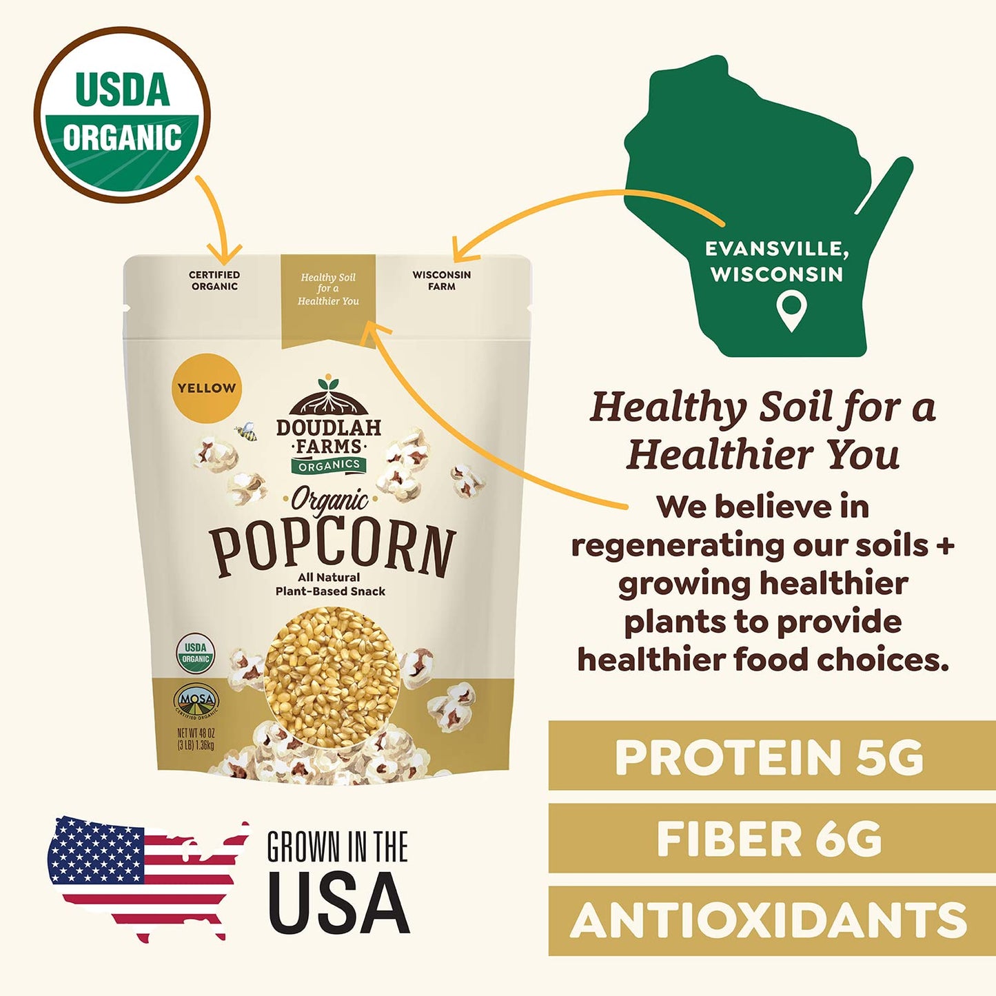 Doudlah Farms Organic Yellow Popcorn Kernels, Gluten-Free, Non-GMO, 25lb Bulk, Pesticide-Free, Chemical-Free