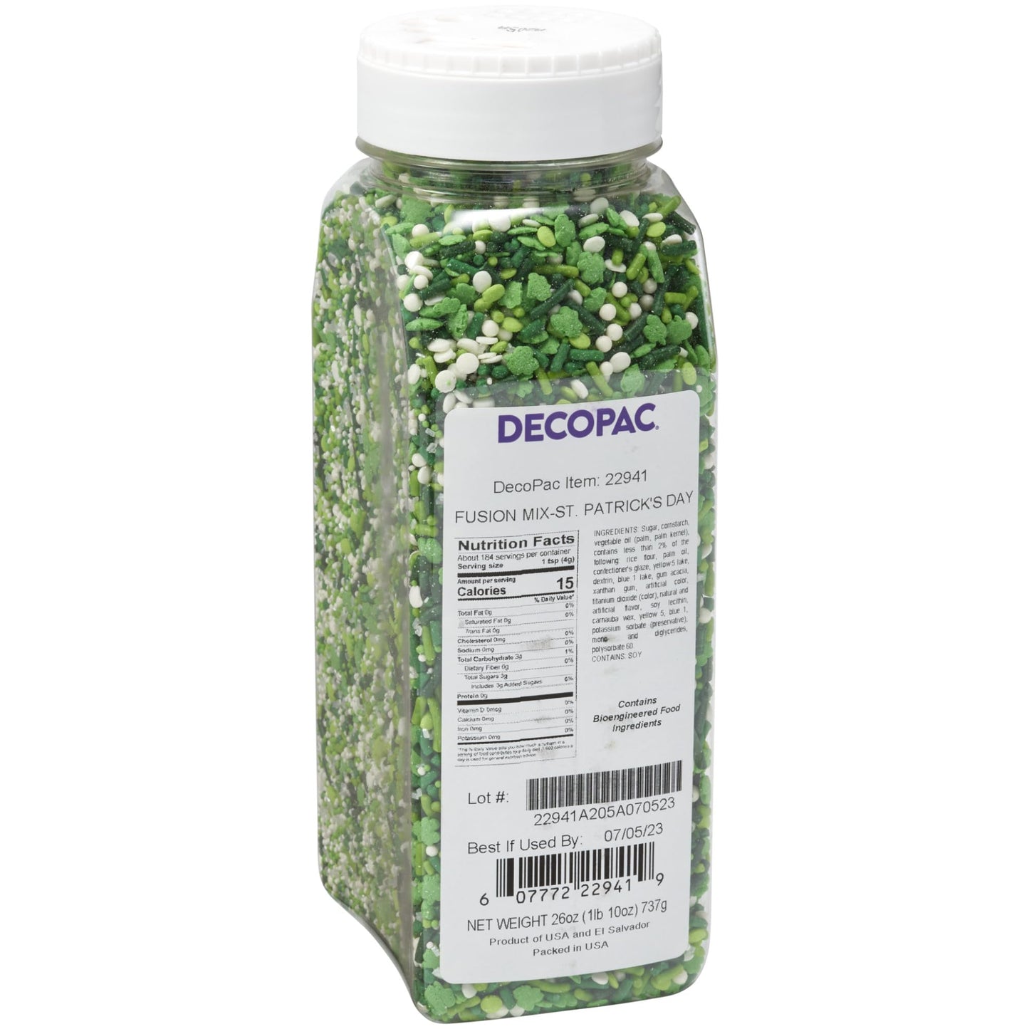 DecoPac St. Patricks Day Fusion Mix Sprinkles, 26oz, Green, White Candy Sprinkles in Handheld Container, Edible Decorations For