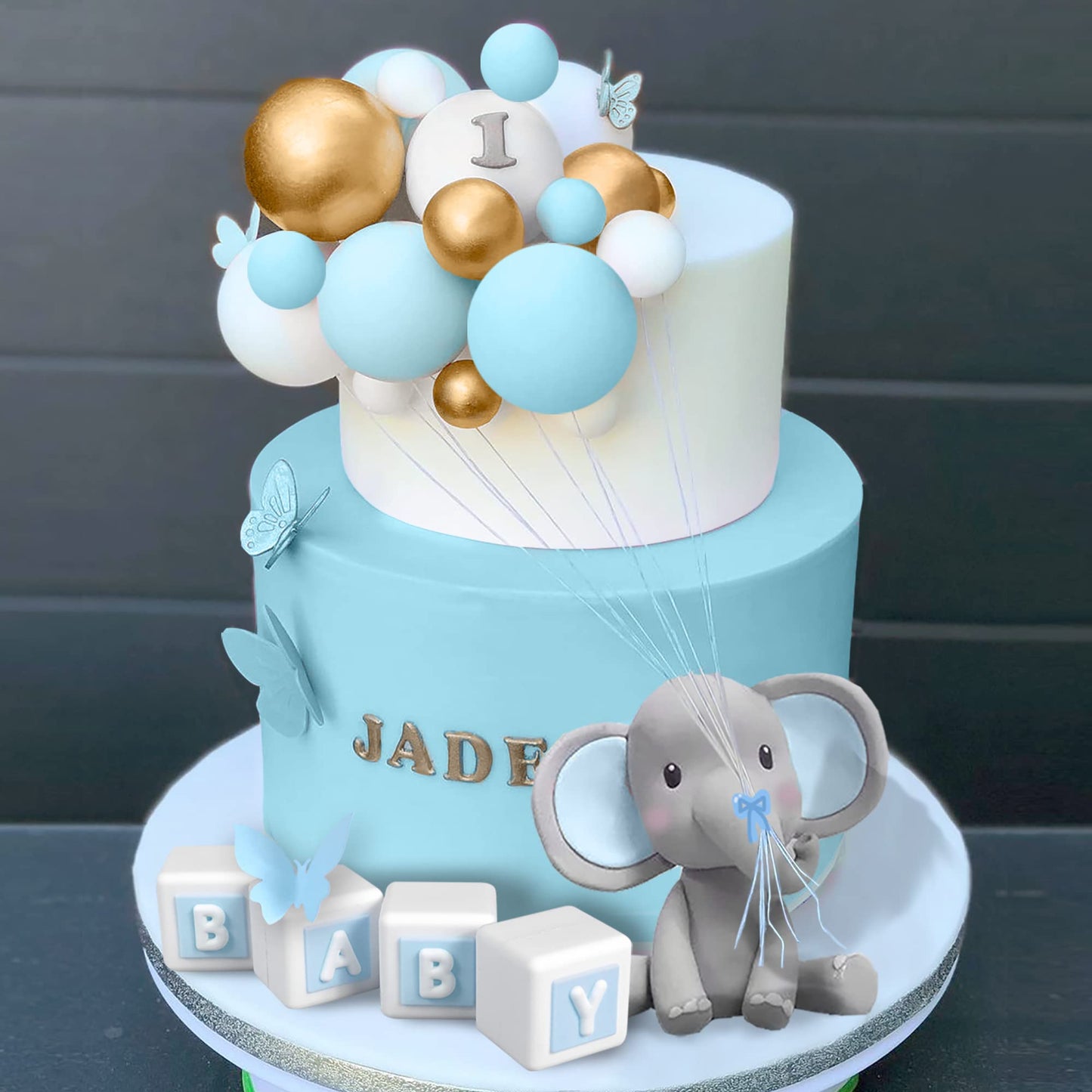 Elephant Cake Decoration Mini Elephant Cake Topper Blue Baby Letter Cake Toppers Gold Blue White Pearl Ball For Baby Shower Boy Elephant Theme Birthday Party Supplies (Blue)
