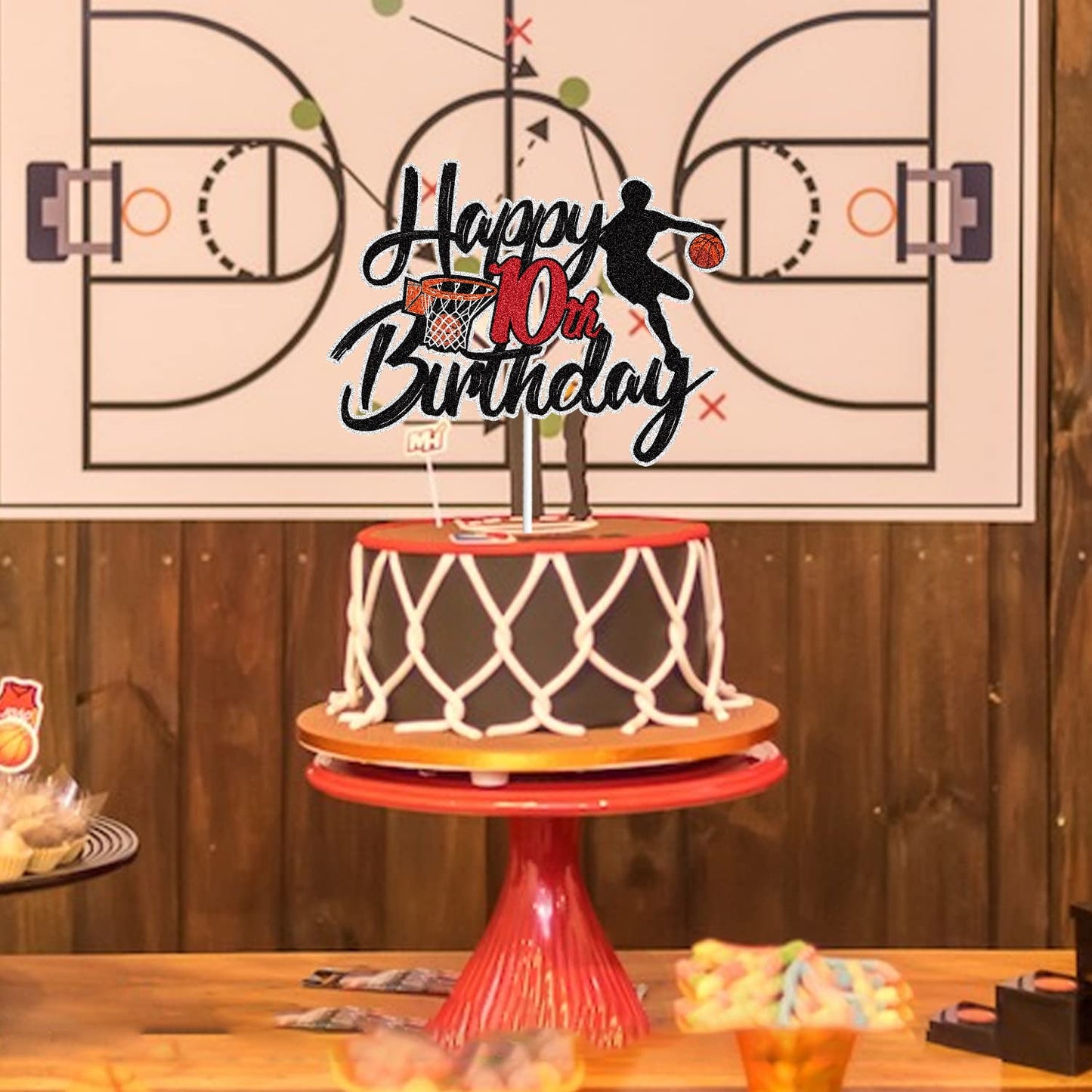 LINGBOOM Basketball Cake Topper for 10th Birthday, Sport Theme Decoration, Model C-8th Basketball, Black