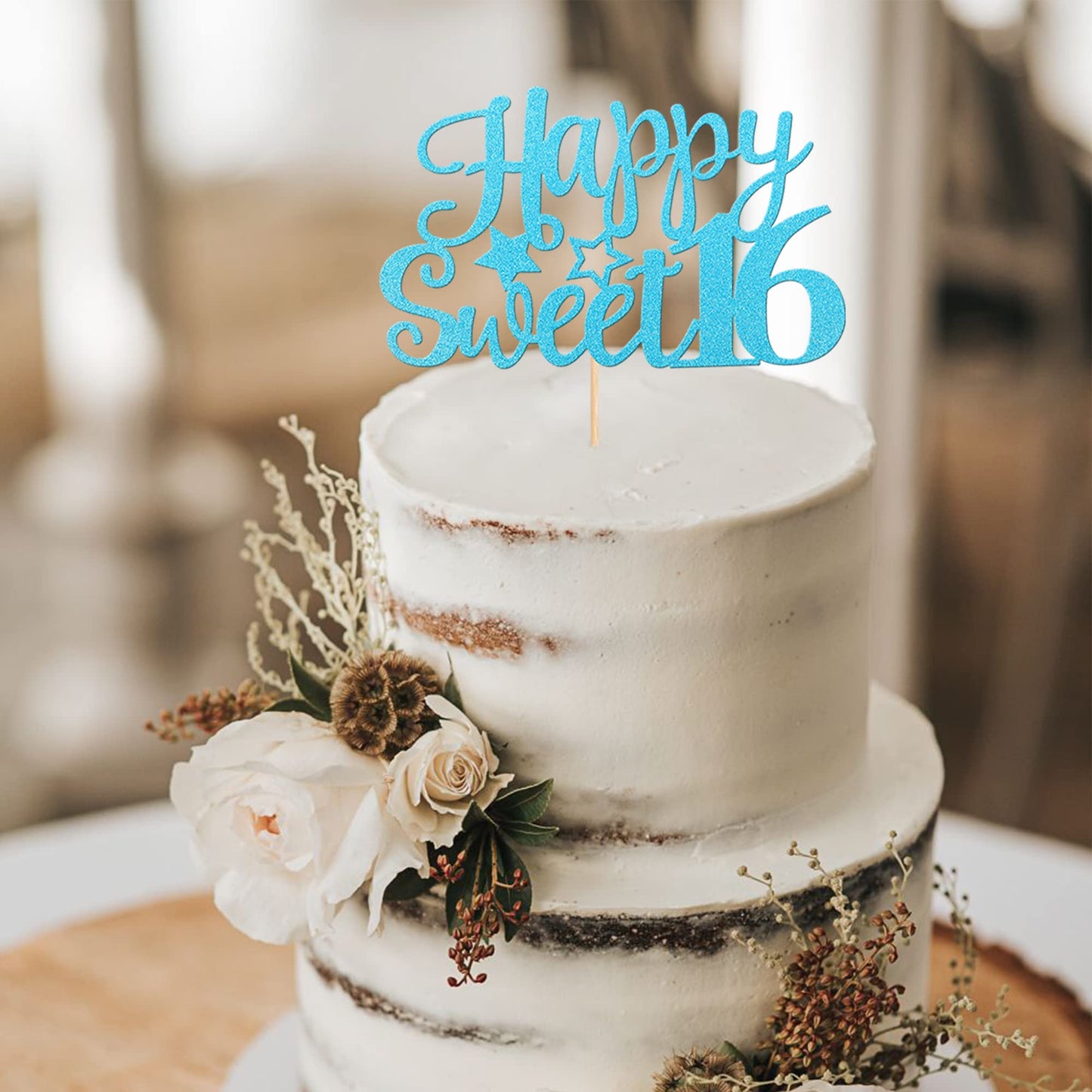 YCTHUNFISH Happy Sweet 16 Cake Topper, Glitter 16th Birthday Decoration, Light Blue, Bamboo Material