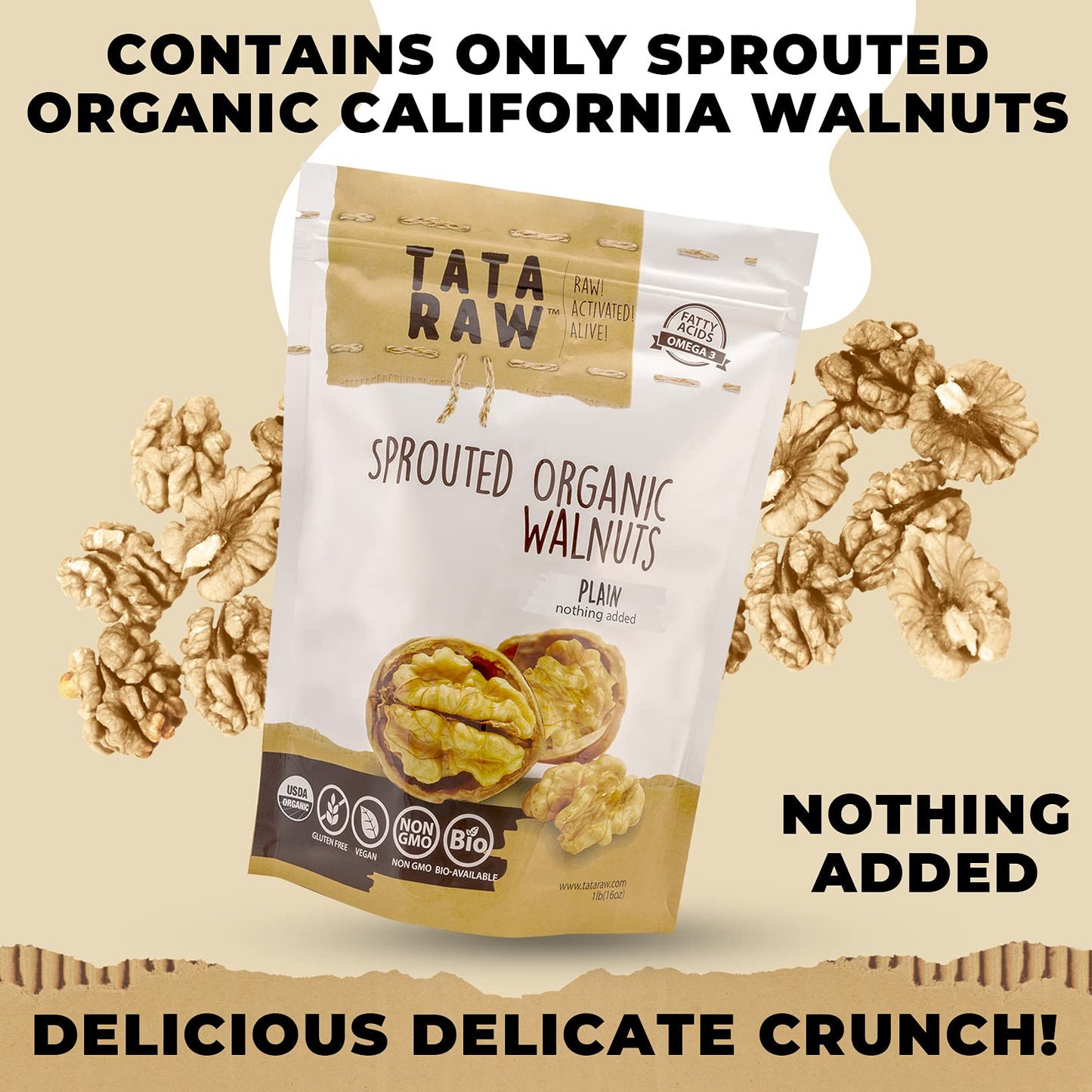 Tata Raw - Sprouted Organic Walnuts - Plain. Nothing Added - 3 Lb