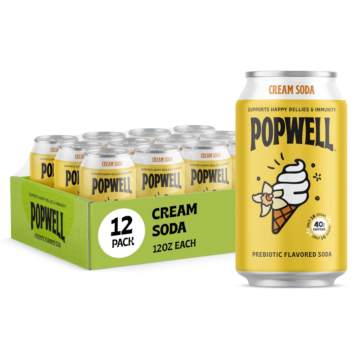 Popwell Cream Soda Prebiotic Beverage, 6g Fiber, 1g Sugar, 12 Fl Oz Cans (Pack of 12)