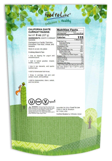 Food to Live California Zante Currant Raisins, 8 Ounces - Sun-Dried Seedless Grapes, Unsweetened, Unsulfured, No Added Oil, Vega