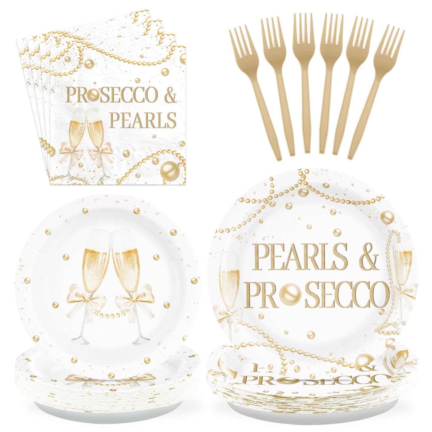 Grencian 96Pcs Pearls And Prosecco Bridal Shower Decorations Engagement Party Paper Plates Disposable Gold Pearls Sparkling Drink Party Supplies Tableware For Bride To Be She Said Yes Wedding Decor