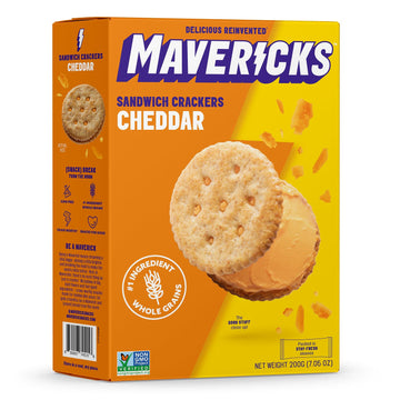 Mavericks Sandwich Crackers Cheddar - Cheese Filled Whole Grain Sandwich Cracker Snack Packs, Non-GMO - 7 oz Box (1 Pack)