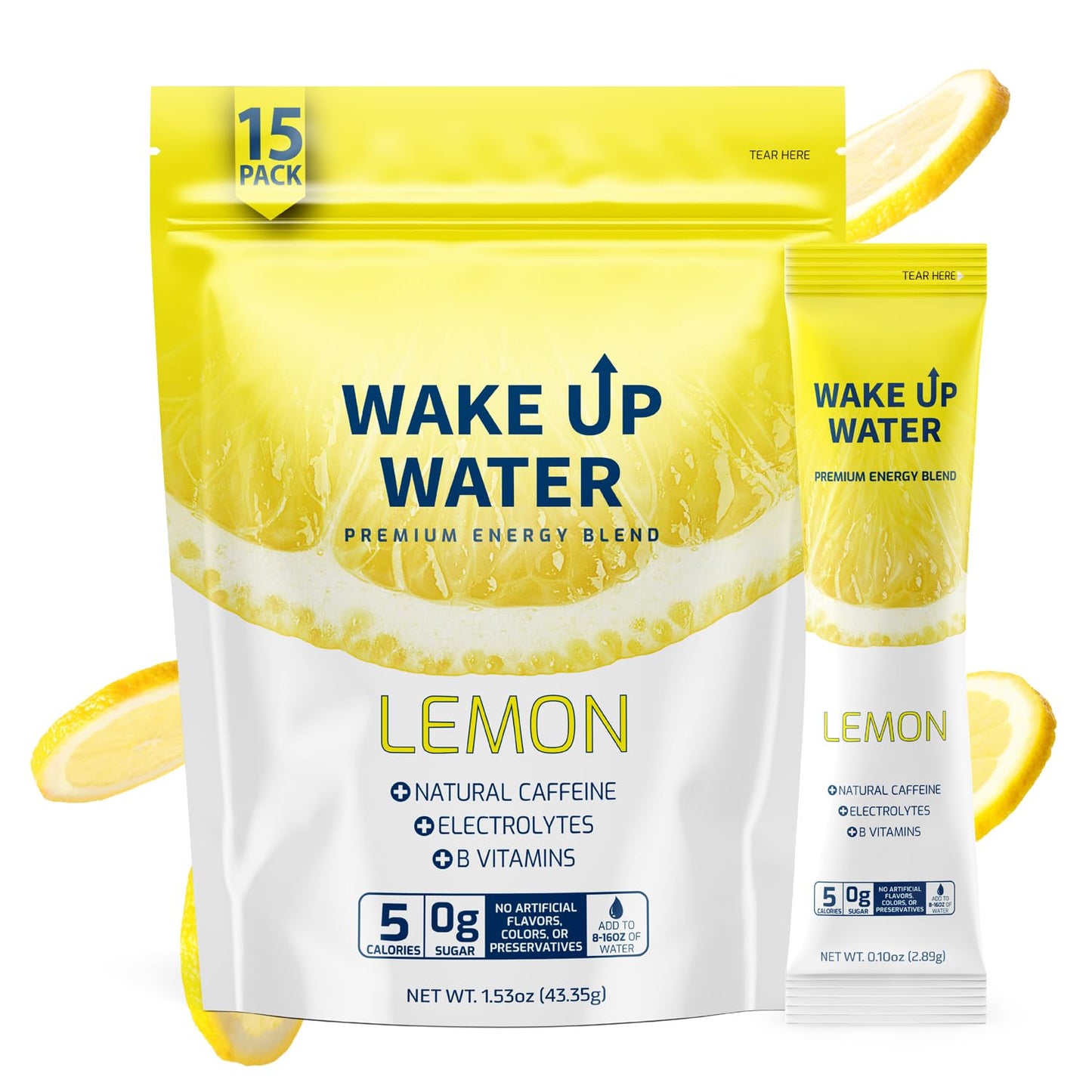 Wake Up Water Energy + Hydration Mix, Lemon, 15 Pack, Natural Caffeine, Electrolytes, No Sugar