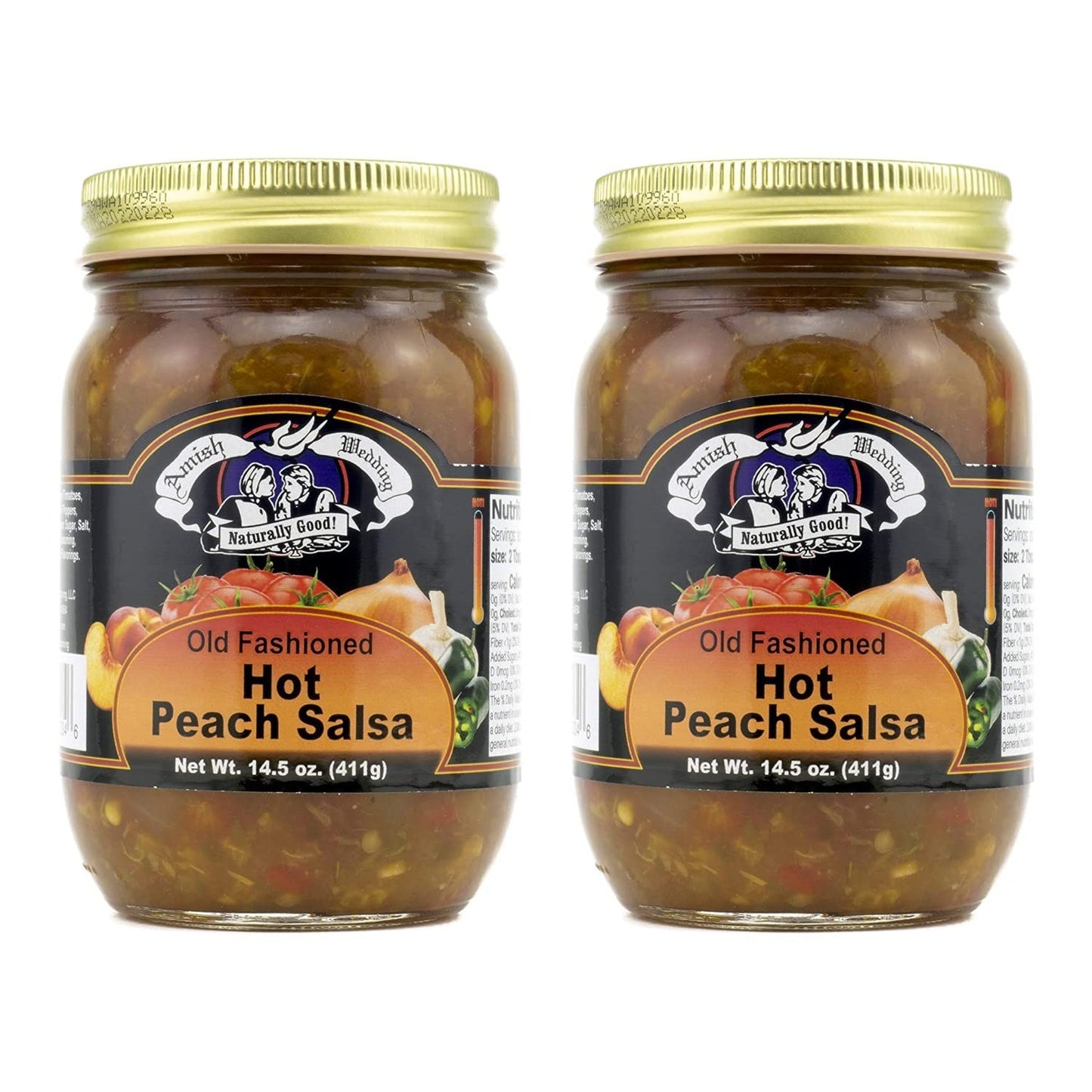 Amish Wedding Kettle Cooked Salsa, Thick and Chunky Pack of 2 14.5 ounce Jars, Hot Peach
