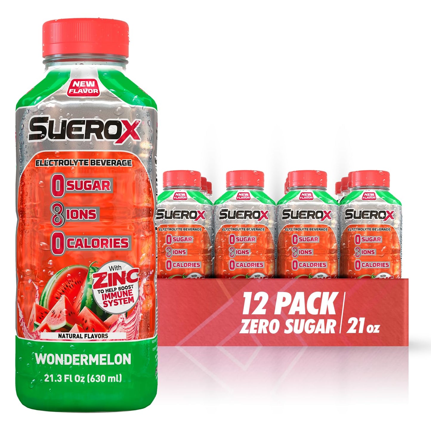 SueroX Sugar-Free Sports Drink, Electrolyte Hydration with 8 Ions, 21.3 Fl Oz, 12 Pack, Wondermelon Flavor