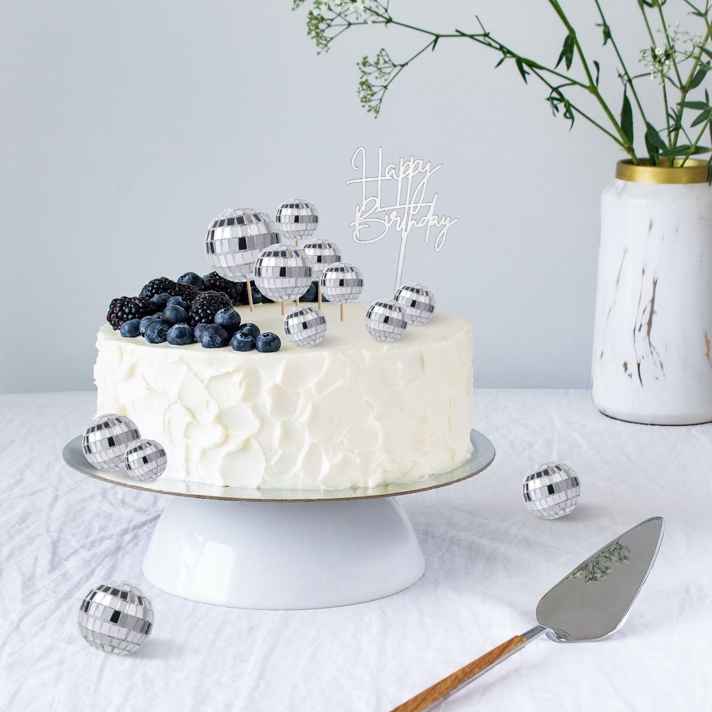PEUTIER 31pcs Disco Ball Cupcake Toppers, Silver, Foam, Includes Acrylic Happy Birthday Sign, Various Sizes