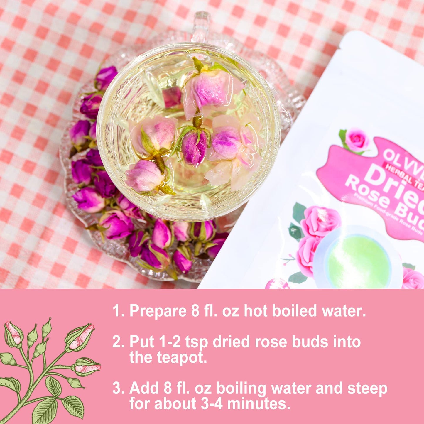 Olvvla - Dried Rose Bud For Fragrant Herbal Tea - 3.52Oz/100G - Delicate Sweet And Refreshing - Natural Pink Rosebud Flower For