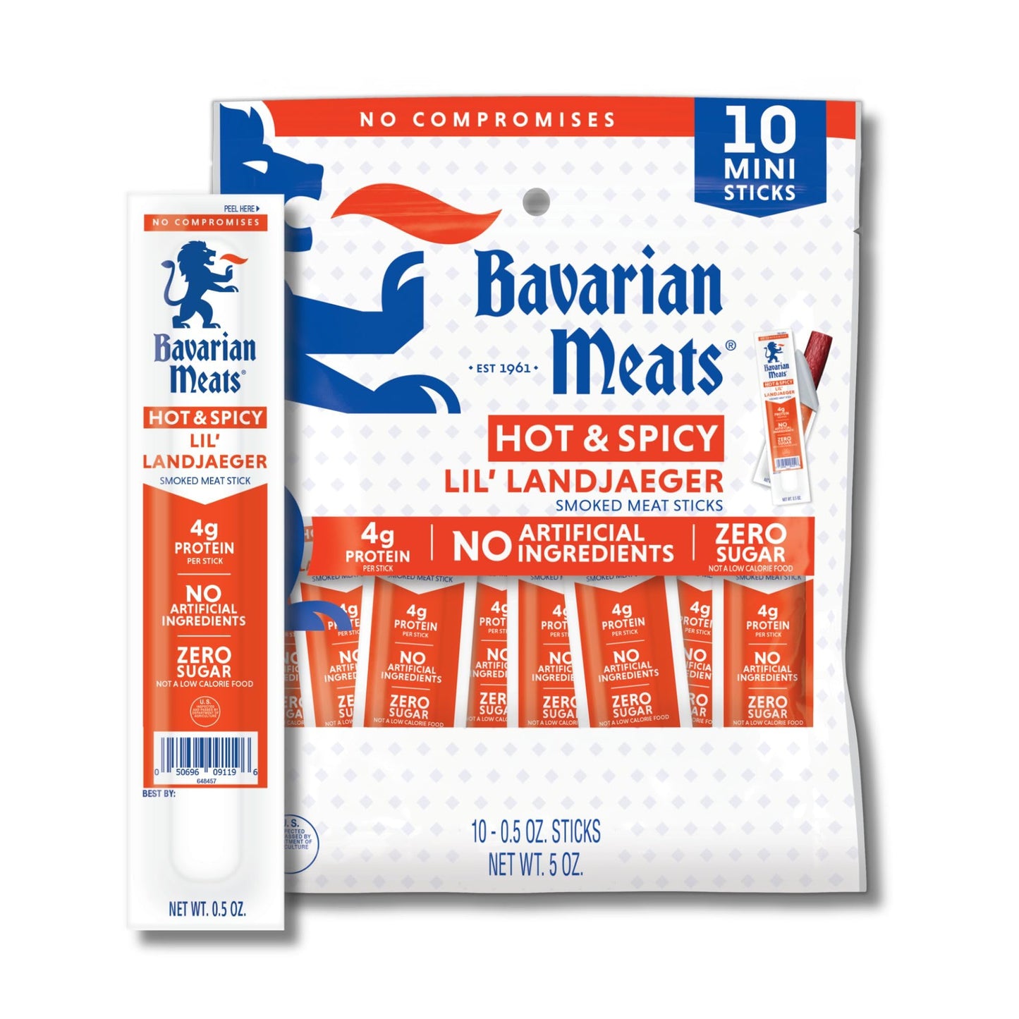 European-Stylen Meats Hot & Spicy Lil Landjaeger Meat Sticks Individually Wrapped Rich Flavor Sausage Protein Snacks Zero Sugar Great Source Of Protein Gluten Free Keto Friendly Low Carb Snack 0.5 Ounce (Pack Of 10)