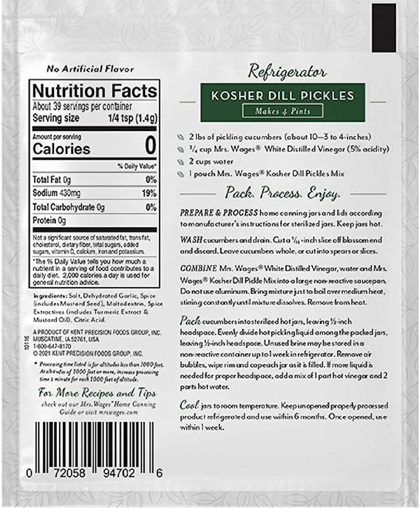 Mrs. Wages Refrigerator Kosher Dill Pickle Seasoning Mix, 1.94 Oz. Pouch (Case Of 12)
