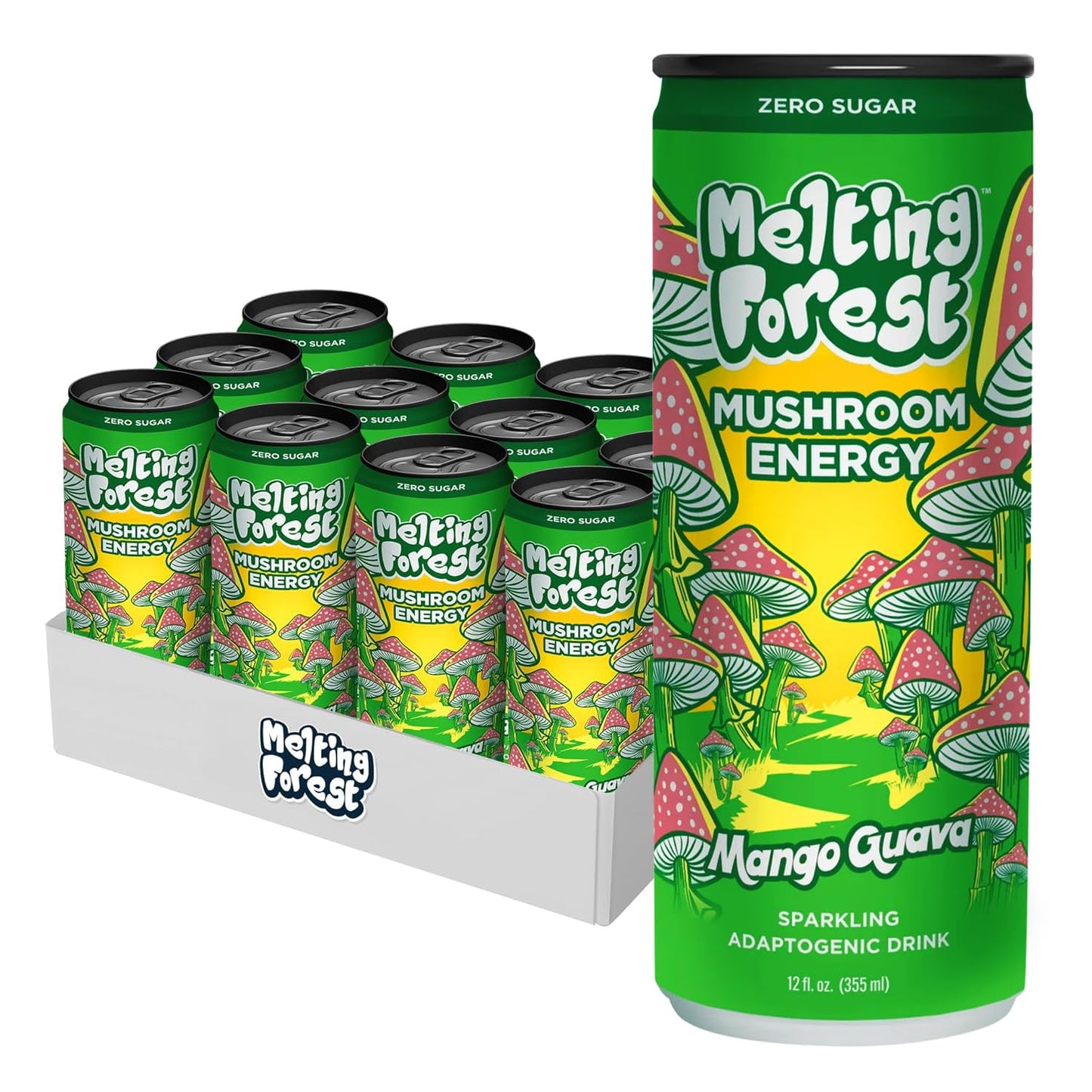 MELTING FOREST Energy Drink, Cordyceps & Lions Mane, 150mg Caffeine, Mango Guava, 12 Fl oz (12 Pack), Model 850056406109