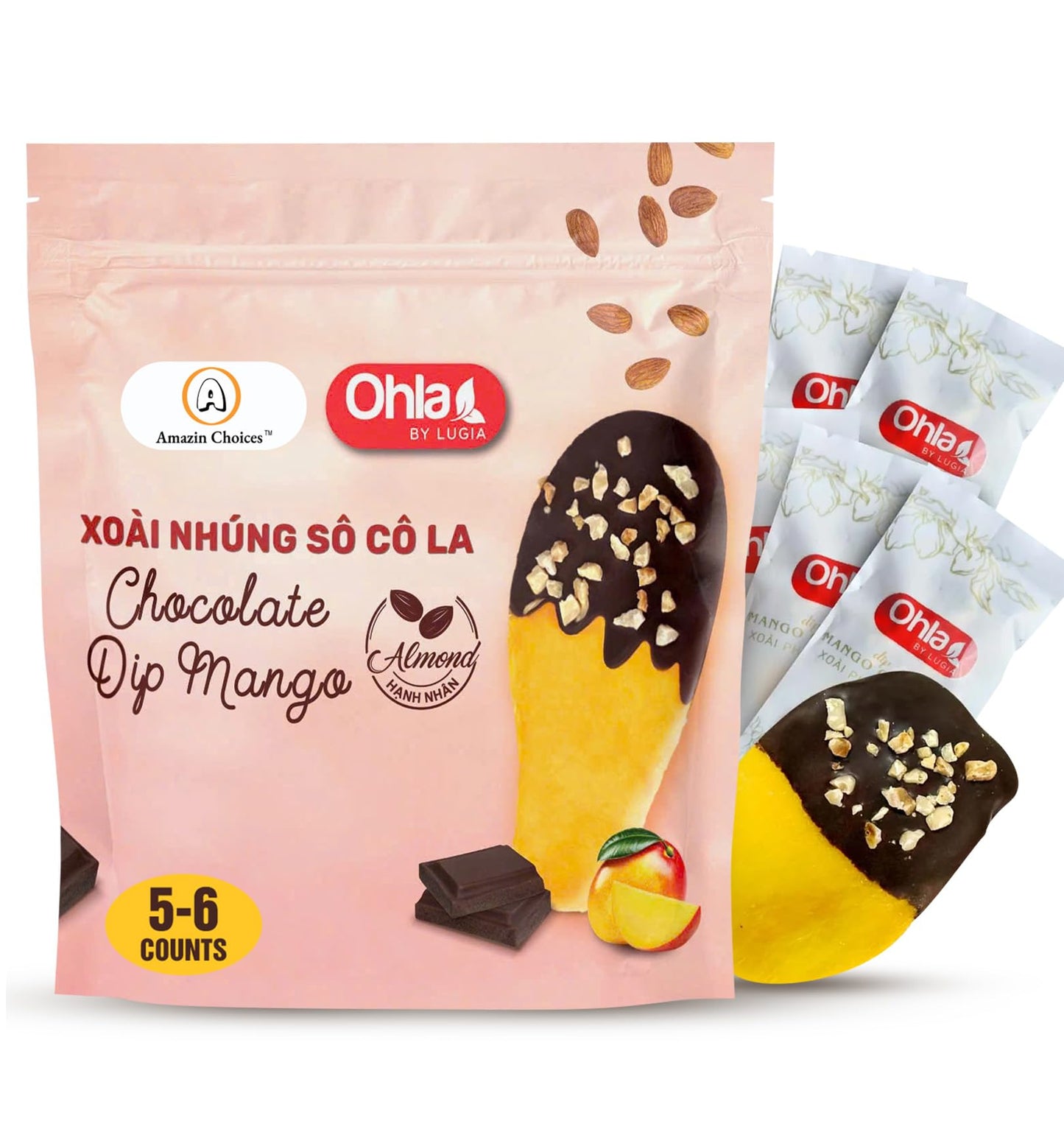 Vegan Dried Mango Slices Covered In Chocolate Almond Gluten-Free Snacks Pack - Tropical Chocolates Dip Mangoes Non-Gmo Top-Grade Fruit Snack Viet By Amazin Choices (3.52 Oz) Pack Of 1