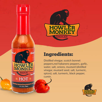 Howler Monkey Sauce Hot - Panamanian Style Hot Sauce With Aji Chombo Pepper - Gluten Free, No Carbs, Low Sodium - Caribbean Flav