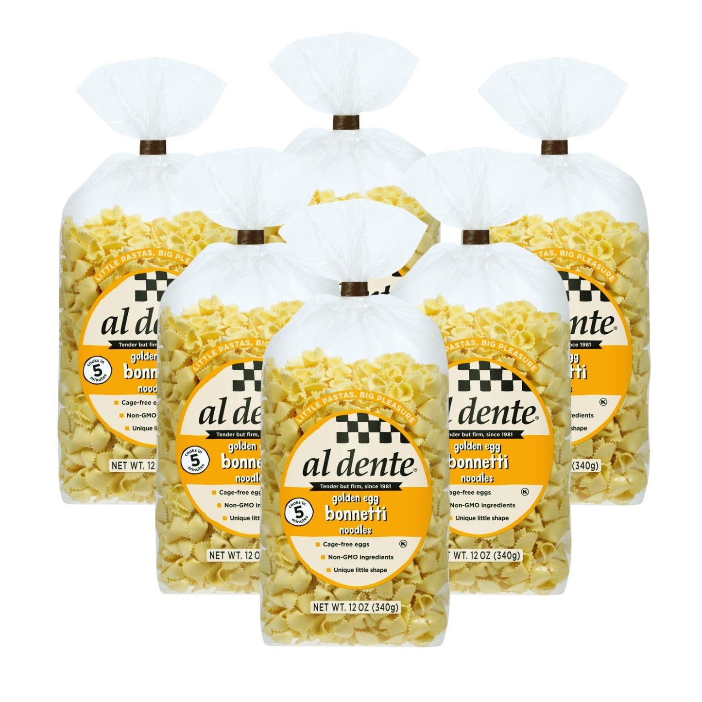 Al Dente Fresh Non-GMO Golden Bonnetti Pasta - Hand-Crafted Delicious And Versatile. Traditional Noodles Made With Cage-Free Eggs And Durum Wheat 12 Oz Bags (Pack of 6)