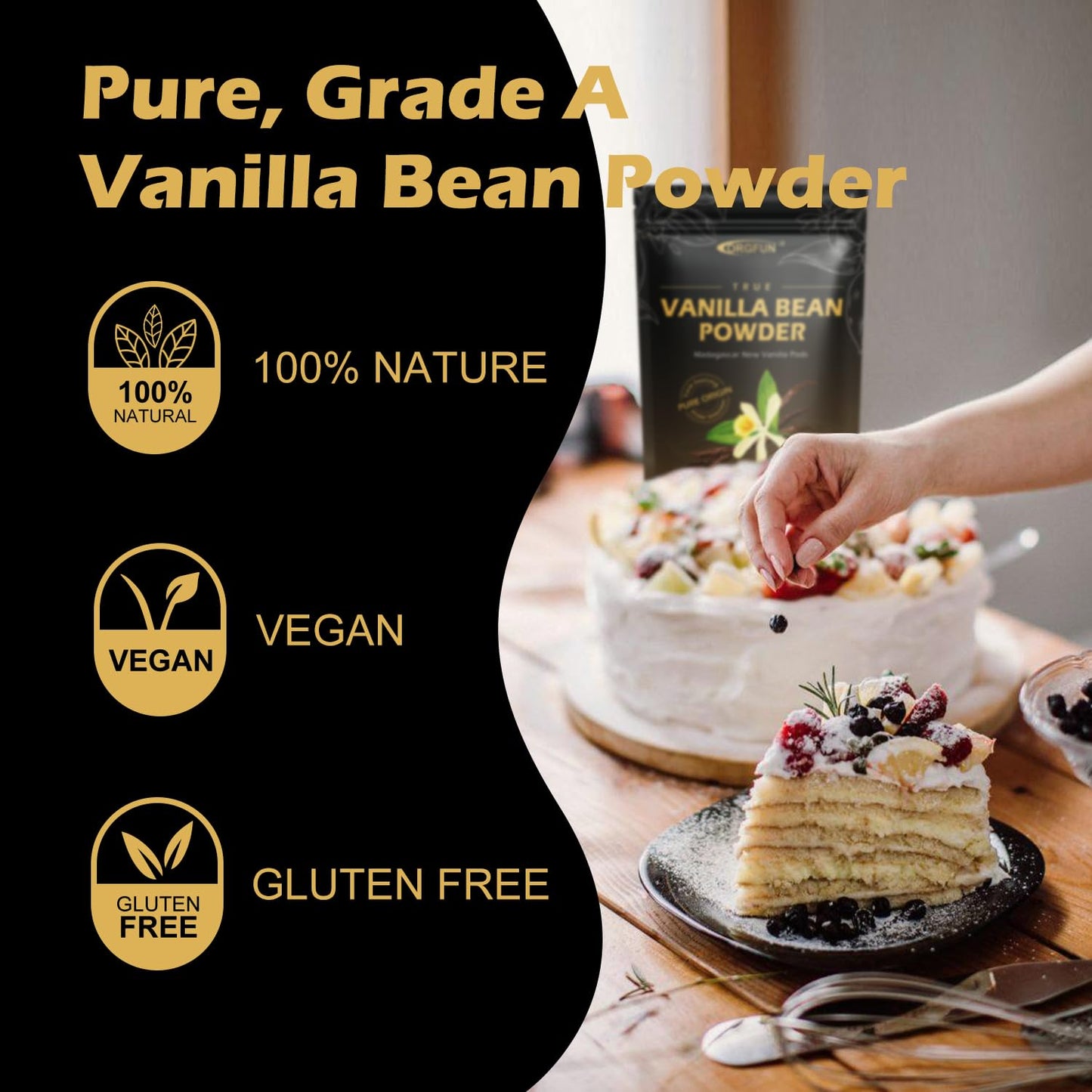 ORGFUN Vanilla Bean Powder - Pure Madagascar Vanilla, 3.53 Oz, No Additives, Vegan, Gluten Free, Ideal for Baking and Coffee