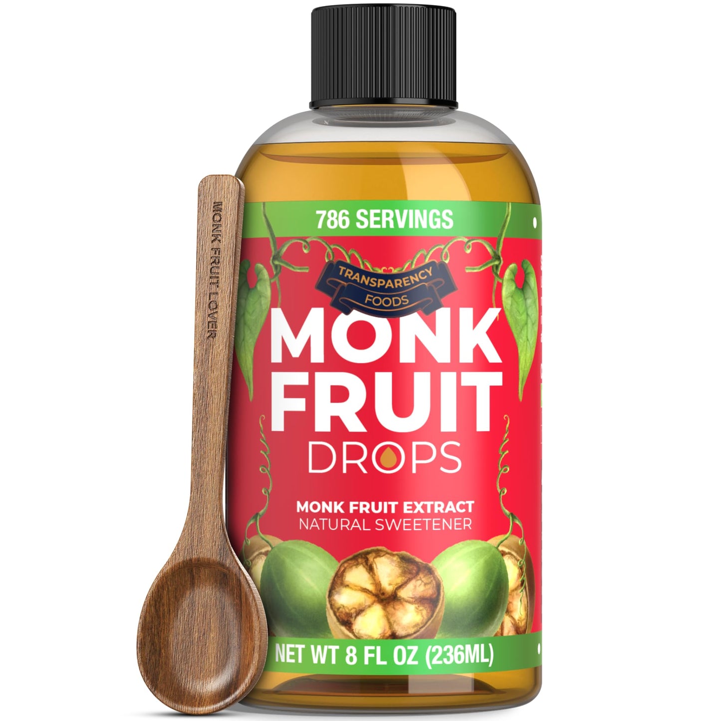 100% Pure Monk Fruit Extract (6 Drops = 1 Tsp of Sugar) Zero Calories Non-GMO No Fillers - Liquid Monk Fruit Sweetener No Erythritol by Transparency Foods NEW FORMULA (8oz 786 servings)
