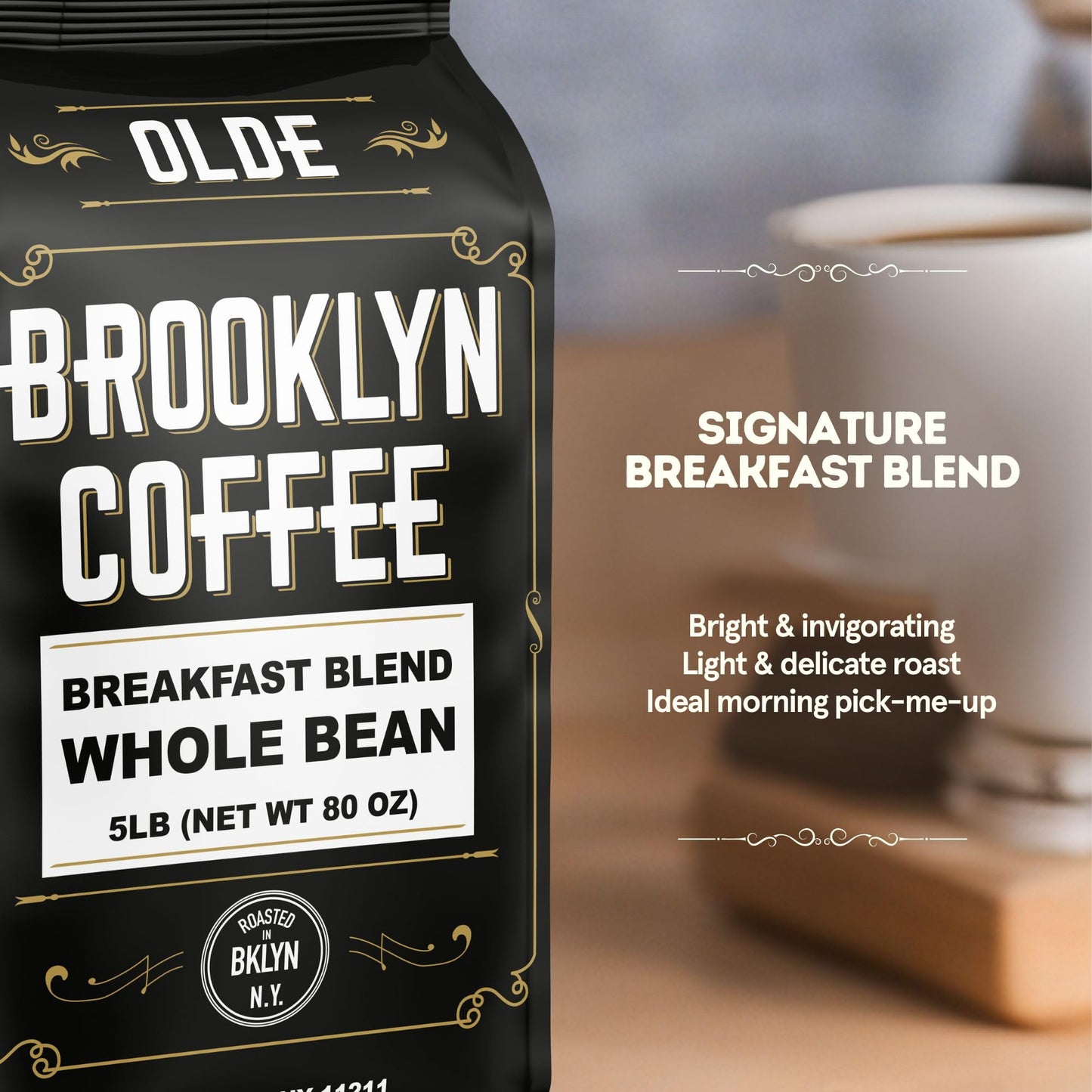 Brooklyn Coffee Whole Bean, Breakfast Blend Light Medium Roast (5Lb) Delicate, Smooth, Low Acidity - Fresh Bulk Coffee Beans Roa