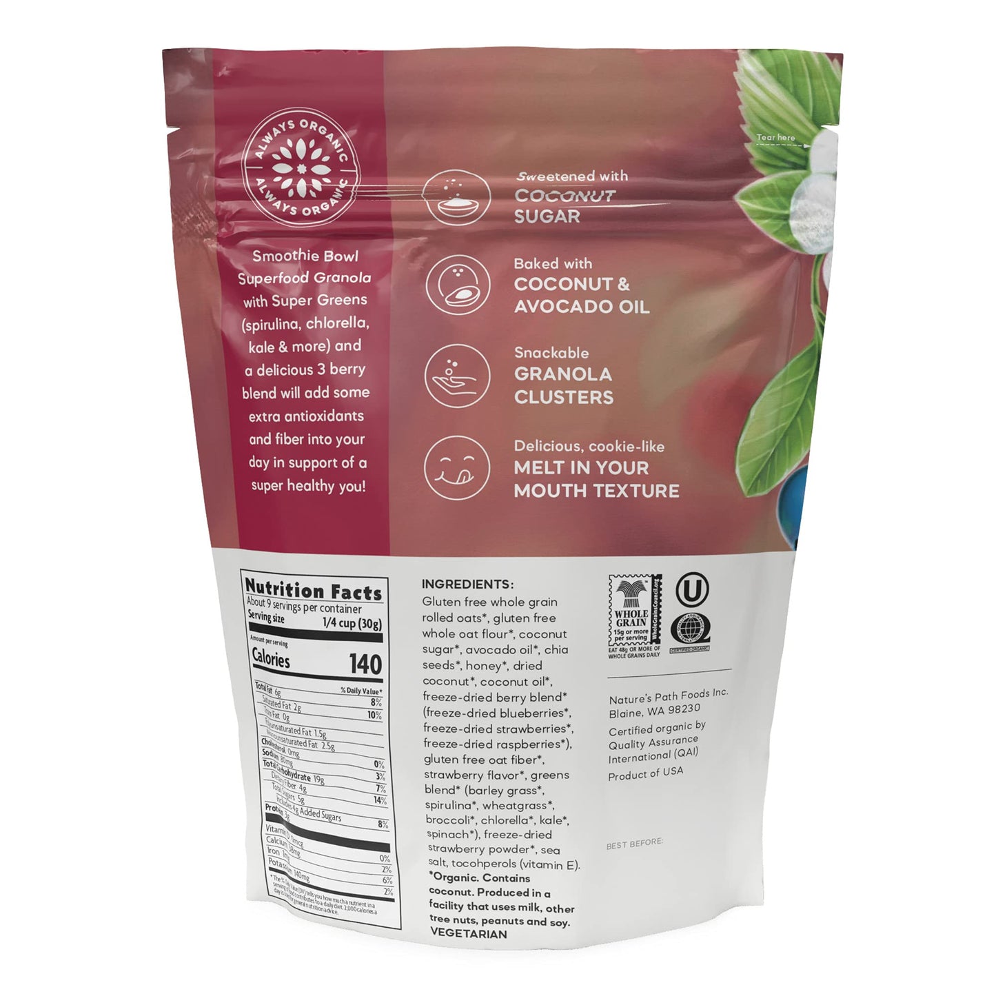 Nature'S Path Organic Superfood Smoothie Bowl Granola, 9.5 Oz (Pack Of 6), Gluten Free, Non-Gmo