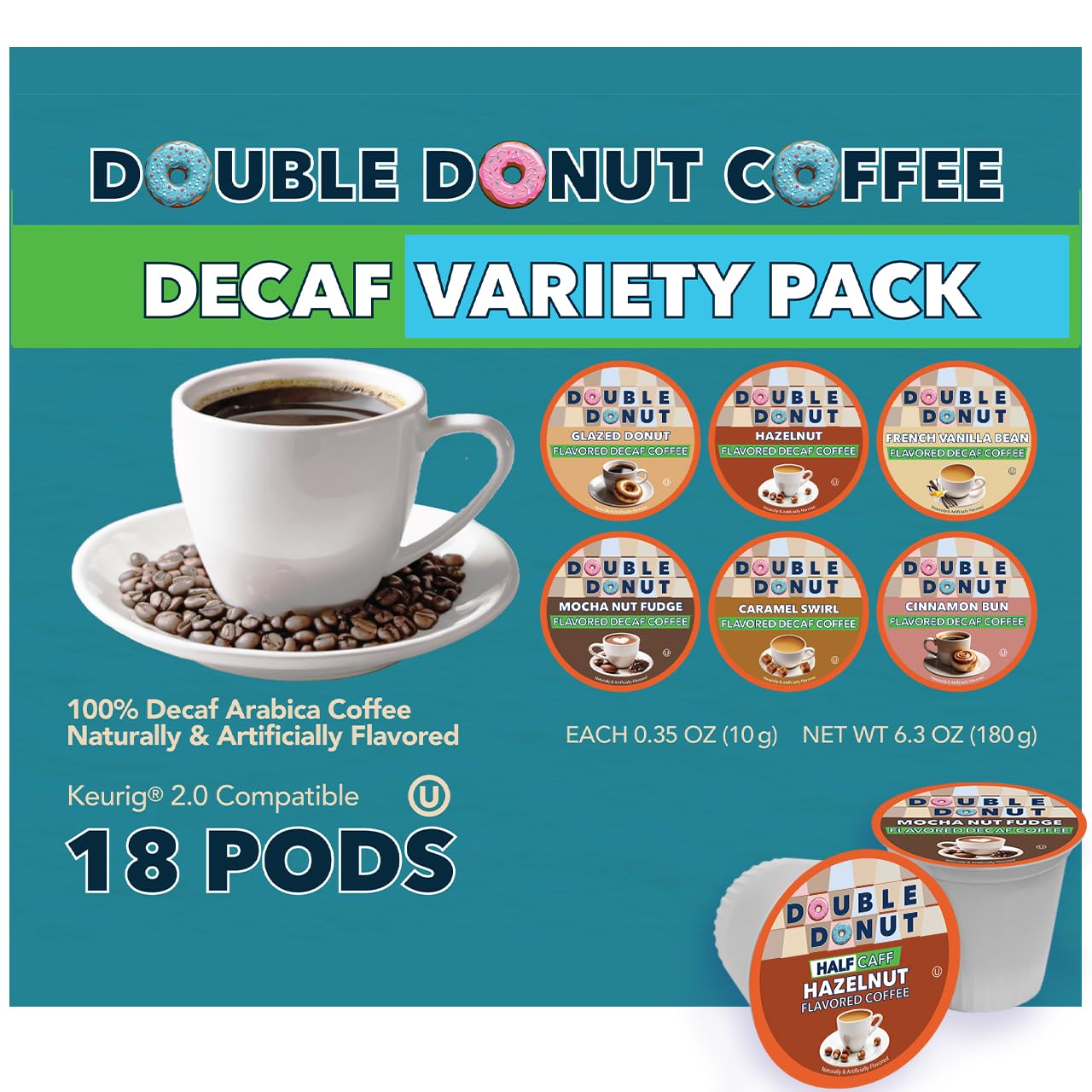 Double Donut Decafvariety Pack Medium Roast Coffee Pods Compatible With Keurig K Cups Beverage Makers 18 Count