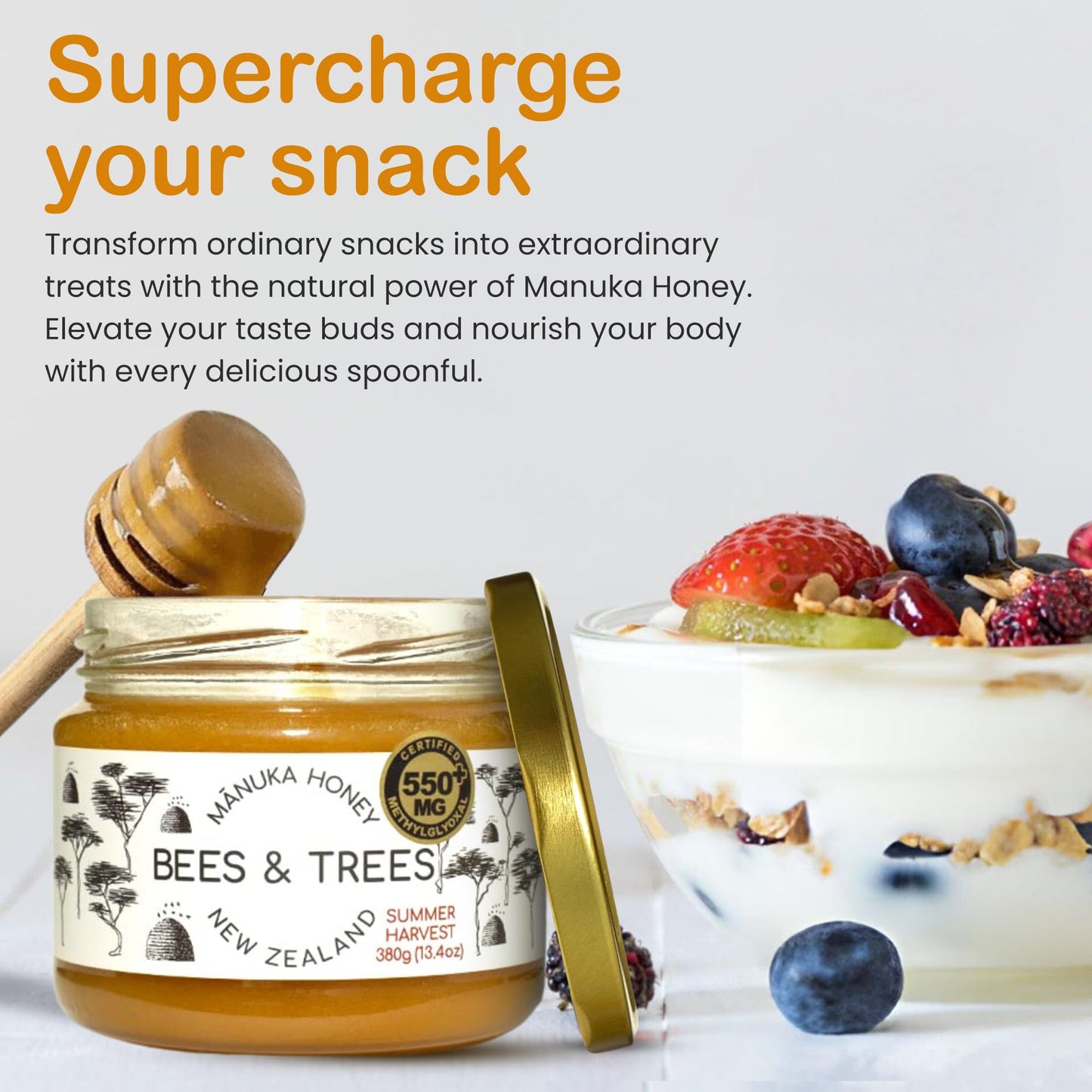 Bees & Trees Manuka Honey 550+ MGO - Pure New Zealand Raw Monofloral Honey - Unpasteurized & Natural - 380g (13.4oz) Glass Jar -