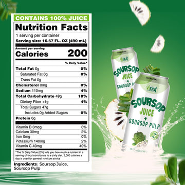 VINUT 100% Soursop Juice with Pulp, No Sugar Added, 16.57 fl oz (Pack of 12), Fresh, Natural, Not from Concentrate